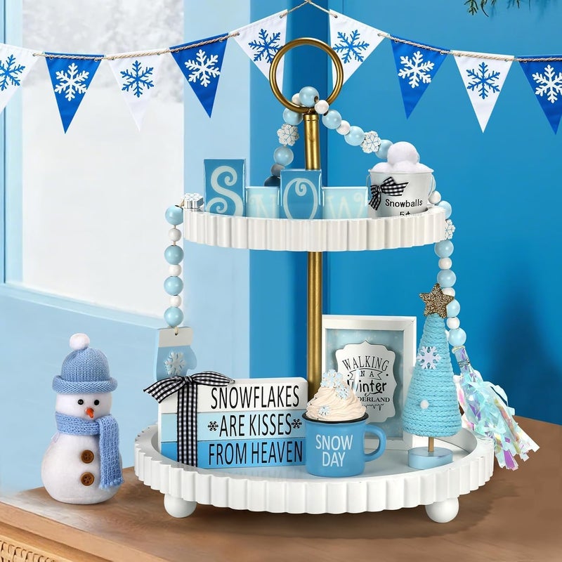 SYNCVIBE Winter Decoration for Home 8 PCS Tiered Tray Decor Set, Cute Christmas Blue Winter Wonderland Decor for Home Tray Shelf Fireplace Mantel Office Desk Indoor Snowman New Year Holiday Decorations Set - Image 2
